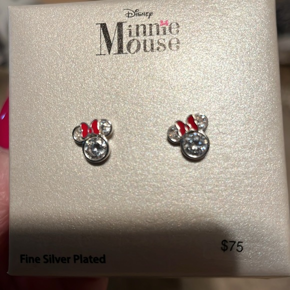 Disney Minnie Mouse silver plated CZ with red enamel bow stud earrings mint - Picture 5 of 5